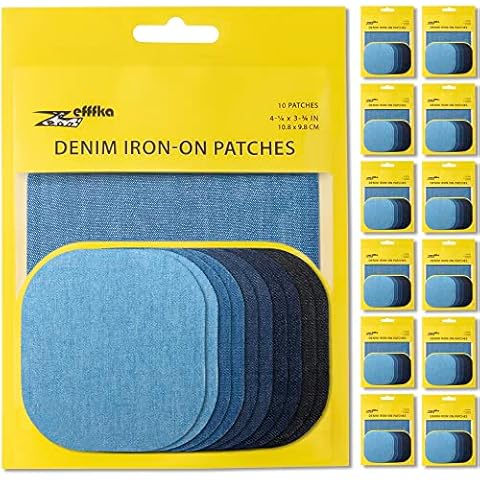 ZEFFFKA Premium Quality Denim Iron-On Jean Patches Inside & Outside Strongest Glue 100% Cotton Assorted Shades of Blue Repair Decorating Kit 12 Pieces