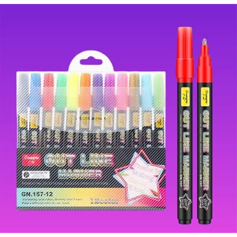 Doodle dazzlingly Markers, Outline Metallic Markers Double Line Pens  Permanent Markers Pens for Art, Drawing, Greeting Cards,Rock Painting, Kid