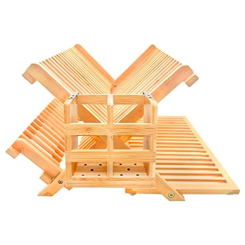Utoplike Teak Dish Drainer Rack Collapsible 2 Tier Dish Rack Dish Drying Rack Plate Holder for Kitchen Compact Foldable
