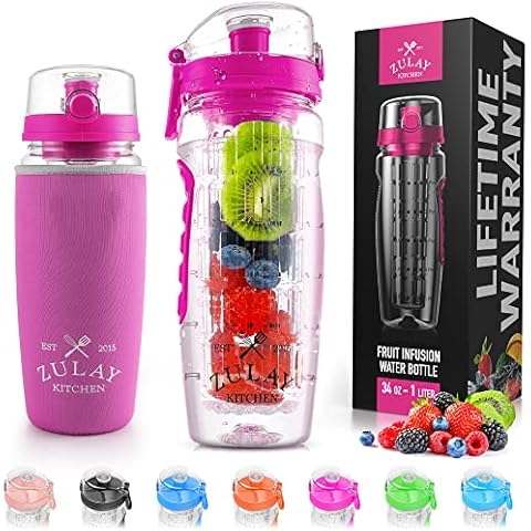 Live Infinitely 32 oz. Fruit Infuser Water Bottles with Time Marker, Insulation Sleeve & Recipe eBook - Fun & Healthy Way to Sta