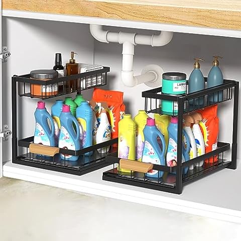 WZMYO Under Sink Organizers and Storage- L-Shape Heavy Duty Metal Slide Out  Pull Out Drawers Under Cabinet Storage Around Plumbing, for Under Kitchen