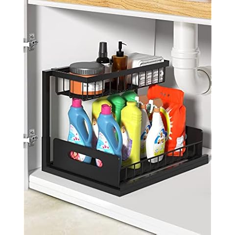 Under Sink Organizer, REALINN 2-Tier Pull Out Cabinet Organizer Black