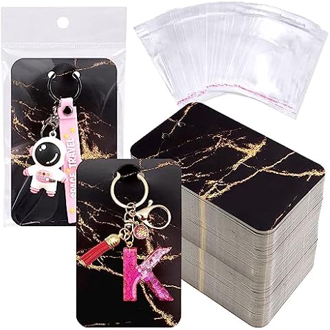 PH PandaHall 100 Sets Long Keychain Display Cards with Self-Sealing Bags,  4.7 x 2 Inch White Paper Keyring Display Holder Keychain Cards Holder for